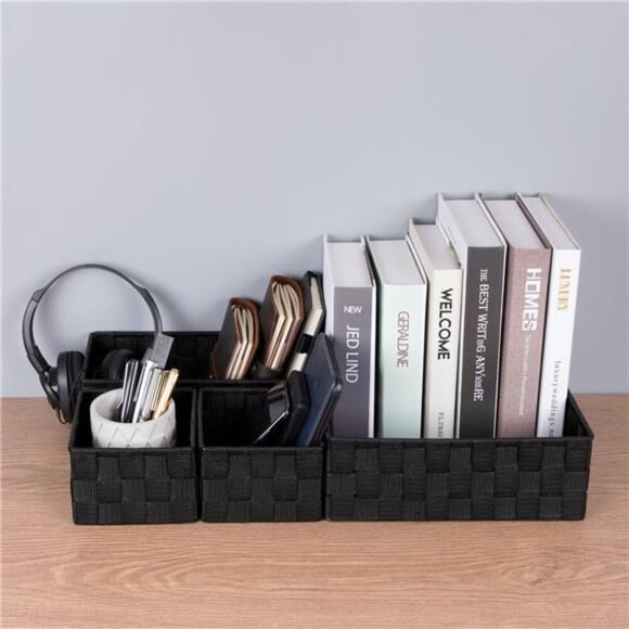 Woven Storage Baskets Set of 4 Black Organizer Bins for Drawer Closet Shelf - Picture 2 of 7